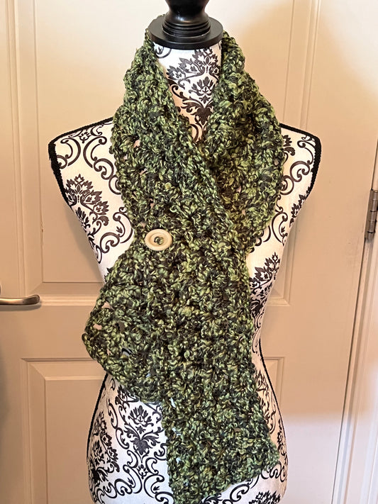 Green crochet wrap scarf with button