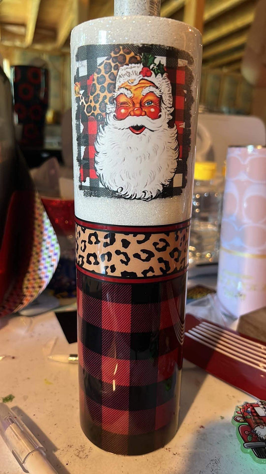 32oz Santa with leopard and buffalo plaid