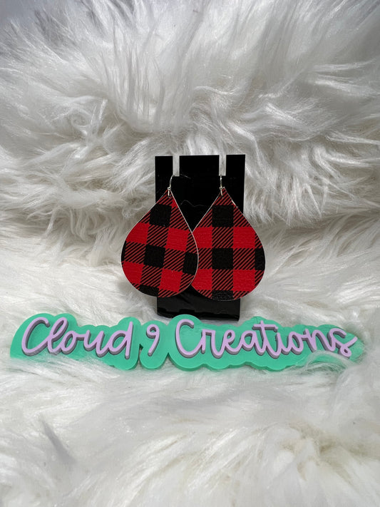 Red buffalo plaid faux leather earrings